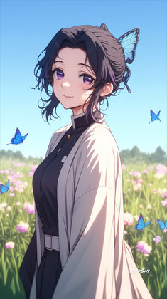 an anime character standing in a field with butterflies flying around her and looking at the camera