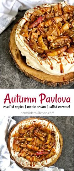 an autumn pavlova recipe with apples and caramel on top is shown in the front cover