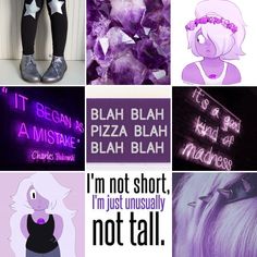 the collage shows different types of purple and black hair, with text that reads i'm not short, i'm just usually not tall