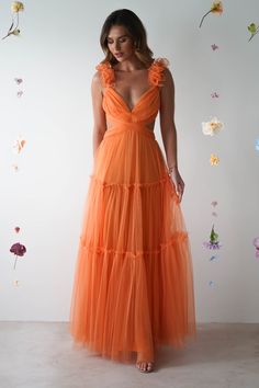 Highlights Gorgeous tulle maxi dress Unique frill straps Cut out waist Beautiful mesh back tie Available in Orange, Green, Lilac, Pink & Blue Sizing The model is 5'10 and wears UK size 8 / S / US size 4 Fit & Fabric Made from 100% Polyester Rear zip Adjustable straps Double lined True to size Length from top of Backless Ruffled Maxi Dress For Prom, Backless Maxi Dress With Ruffles For Prom, Sheer Tulle Floor-length Maxi Dress, Summer Tulle Prom Dress, Summer Prom Tulle Dress, Tiered Tulle Maxi Dress With Ruffles, Sheer Tulle Maxi Dress, Flowy Dress With Ruffled Straps For Prom, Summer Prom Mesh Dress With Ruffles