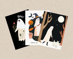 three halloween cards with ghostes and pumpkins