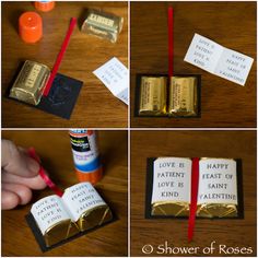 four pictures show different ways to make valentine's day cards with chocolate bars and candy