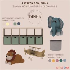 an info sheet with different items for children's furniture and decor, including a toy elephant