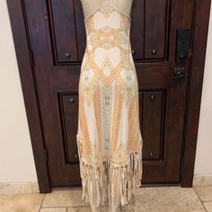 New By We The Free Long Fringe Gorgeous Dress Had It For Few Months But Never Worn Size S Beige Maxi Dress With Tassels, Beige Bohemian Dress With Fringe, Spring Beige Fringe Dress, Beige Tassel Dress For Vacation, Bohemian Beige Dresses With Tassels, Bohemian Beige Tassel Dress, Beige Sleeveless Fringe Dress, Beige Festival Dress With Tassels, Beige Tassel Festival Dress