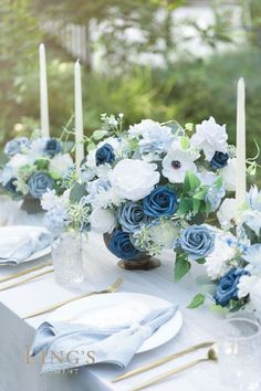 a table with blue and white flowers on it