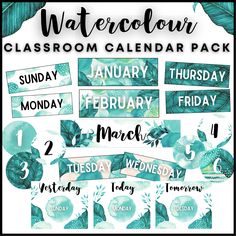 the watercolor classroom calendar pack is shown in blue and green colors, with leaves on it