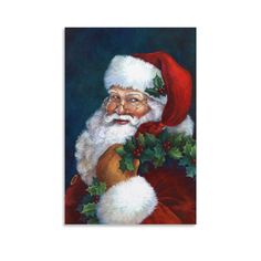 a painting of santa claus holding a holly - berry bush in his right hand and looking at the viewer