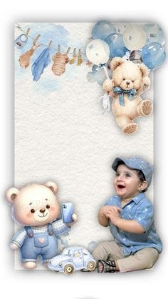 a boy is holding a teddy bear in front of a baby's photo frame