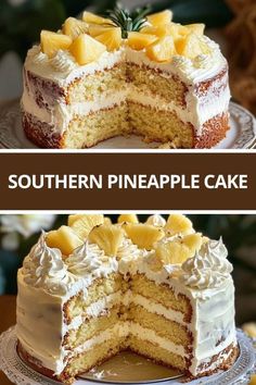 there is a cake with pineapples on the top and one has been cut in half