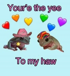 two animals with hats and hearts in the background that says, you're the yee to my haw