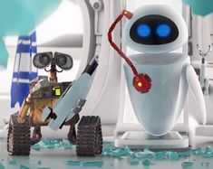 an animated robot with blue eyes is holding onto a large piece of equipment in front of him