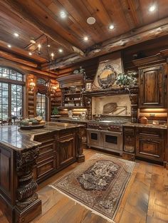 a large kitchen with wood floors and wooden cabinets