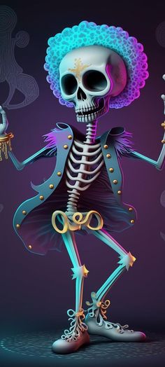 a skeleton in a dress and hat is holding an object with one hand, while the other