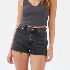 New With Tag. New Favorite Jean Shorts From Uo's Bdg Label In A Washed And Faded Black Denim. High-Rise Silhouette In An Easy Fit With Destroyed Details Throughout, Complete With Cutoff Hem. Zip Fly. - 100% Cotton - Machine Wash - Item Shown Is Size 26 Trendy Urban Outfitters Bottoms With Frayed Hem, Trendy Washed Black Short Jeans, Trendy Washed Black Short Length Jeans, Casual Cutoff Bottoms From Urban Outfitters, Casual Cutoff Bottoms By Urban Outfitters, Edgy Dark Wash Short Length Shorts, Casual Fitted Washed Black Shorts, Urban Outfitters Casual Cutoff Bottoms, Casual Washed Black Jean Shorts