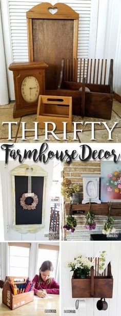 there is a collage of pictures with different things in them and the words thrift farmhouse decor on it