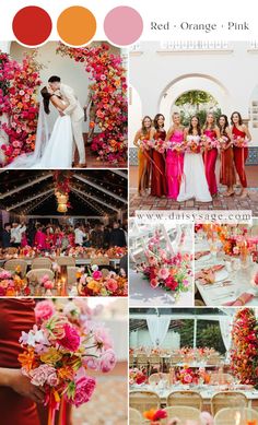 a collage of photos with different colors and flowers on them, including oranges, pinks, and reds