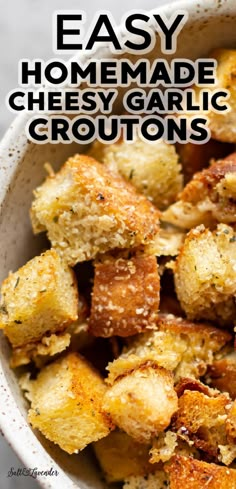 homemade cheesy garlic croutons in a white bowl with text overlay