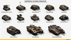 several different types of tanks and their names on a white background with shadow overlay