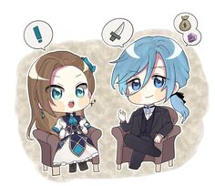 two anime characters sitting in chairs with speech bubbles above their heads, one has blue hair and the other is brown