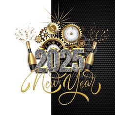 new year's eve card with champagne and clock