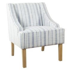 a blue and white striped chair with wooden legs