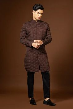 Shop for Paarsh Wine Leaf Thread Embroidered Achkan Trouser Set for Men Online at Aza Fashions Fitted Traditional Wear With Zari Work For Fall, Fitted Traditional Wear With Resham Embroidery For Fall, Fall Traditional Wear With Resham Embroidery, Fitted Kurta With Zari Work For Fall, Traditional Fitted Bandhgala For Fall, Fitted Fall Kurta With Zari Work, Fall Fitted Kurta With Zari Work, Fitted Traditional Bandhgala For Fall, Festive Fitted Brown Traditional Wear