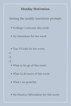 Start Of The Week Affirmation, Setting Intentions New Month, Journal Prompts Start Of Week, Positive Start To The Week, Set Yourself Up For A Good Week, New Week Planning, Monthly Intentions Journal, Monday Journal Ideas, Examples Of Intentions For The Day