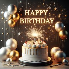 a birthday cake with lit candles surrounded by gold and silver balloons, stars and streamers