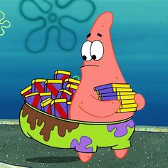 the spongebob character is holding a bowl full of candy