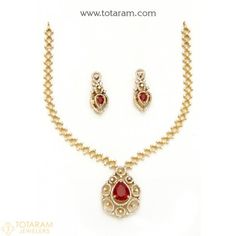 18K Gold Diamond Necklace & Drop Earrings Set with Color Stones  - 235-DS739 - Buy this Latest Indian Gold Jewelry Design in 27.100 Grams for a low price of  $3,889.99 Luxury Ruby Necklaces With Diamond Accents, Luxury Ruby Necklace With Diamond Accents, Festive Diamond Necklace With Jewels, Traditional Yellow Gold Jewelry With Stones, Festive Diamond Necklaces With Jewels, Elegant Diamond Necklaces For Festive Occasions, Festive Fine Jewelry Diamond Necklace, Elegant Yellow Gold Ruby Necklace, Traditional Gemstone Necklace For Formal Occasions