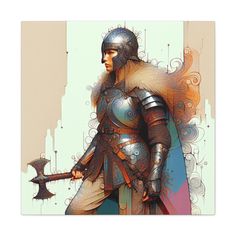 The image showcases a stylized female warrior in ornate armor, rendered with intricate linework and a vibrant fusion of earthy and metallic tones, exuding a blend of strength and elegance against an abstract backdrop. Uplift any room's decor with art that's printed on top-quality canvas gallery wraps. Each wrap is made with finely textured, artist-grade cotton substrate which helps reproduce your image in outstanding clarity and detail. Available in multiple sizes, these closed back canvases are Ornate Armor, Ink Link, Inner Warrior, Gallery Wrap Canvas, Swirl, Decorative Items, Canvas Art, Display Homes, Wall Decor