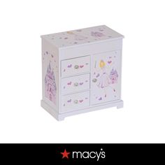 a white wooden cabinet with princess decorations on the doors and drawers, along with a red star that says macy's