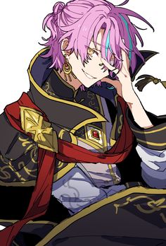 an anime character with pink hair sitting down