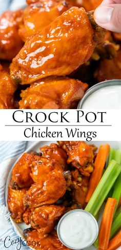 crock pot chicken wings with carrots, celery and ranch dressing on the side