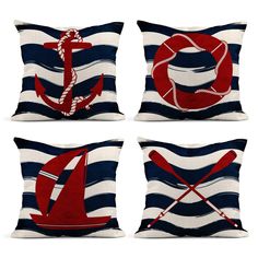 four pillows with nautical themed designs on them