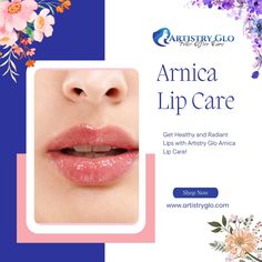 an advertisement for ariica lip care with flowers on the side and pink, white and blue background