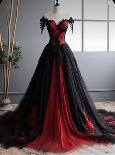 Black Red Gothic Wedding Dresses A Line Off Shoulder Lace Appliques Bridal Gowns | eBay Red Fitted Gown For Debutante Ball, Fitted Red Gown For Debutante Ball, Red Tulle Prom Gown, Red Tulle Gown With Fitted Bodice, Red Tulle Ball Gown For Evening, Red Floor-length Ball Gown For Prom, Red Ball Gown For Prom, Red Ball Gown With Sweep Train And Fitted Bodice, Red Fitted Tulle Gown