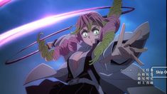 an anime character with long pink hair and green eyes is holding her arms out in the air