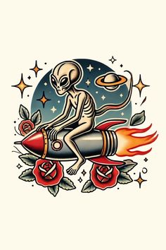 an alien sitting on top of a rocket with roses and stars around it, in front of