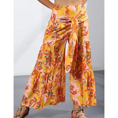 Yellow Digital Print Cropped Wide Leg Boho Pants with Tie Yellow Floral Print Vacation Pants, Bohemian Orange Bottoms For Day Out, Yellow Bohemian Bottoms With Floral Print, Yellow Bohemian Floral Print Bottoms, Boho Pants, Bottoms Pants, Wide Leg, Digital Prints, Yellow