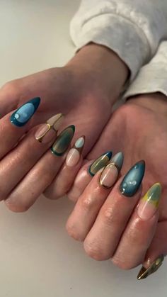 Nail Inspo Almond, Teal Nails, French Tip Acrylic Nails, Nail Sets, Cute Nail Designs, Nails Inspo, Cute Acrylic Nails, Simple Nails, Stylish Nails