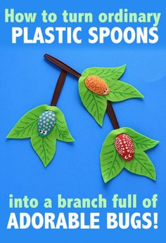 an ad for plastic spoons with leaves and ladybugs on them, in front of a blue background