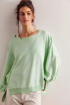 Everyday Drop Shoulder Sweatshirt For Spring, Relaxed Tops With Frayed Hem For Loungewear, Relaxed Fit Tops With Frayed Hem For Loungewear, Oversized Soft-washed Sweatshirt For Spring, Spring Boxy Fit Sweatshirt For Layering, Spring Washed Relaxed Fit Sweatshirt, Spring Washed Sweatshirt In Relaxed Fit, Comfy Oversized Solid Color Tops, Casual Slouchy Crew Neck Sweatshirt