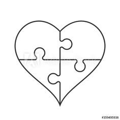 two pieces of puzzle in the shape of a heart, black outline on white background