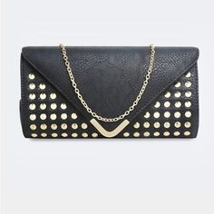 The Jaleesa Gold Studded Clutch In Black Is Made Of Polyurethane And Features A Snap Button Fastening. It Also Comes With A Detachable Gold Chain. Nwot Black Clutch Bag With Gold Chain, Green Clutch Purse, Embellished Black Clutch Bag, Black Clutch With Chain Strap, White Clutch Purse, Black Handheld Clutch With Gold-tone Hardware, Fur Clutch Bag, Gold Clutch Purse, Crossbody Clutch Purse