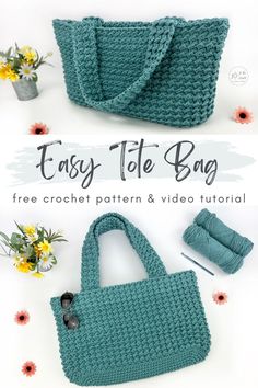 the crochet bag is shown with flowers and yarn