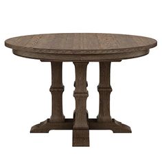 a round wooden table with two columns on the top and one column at the base