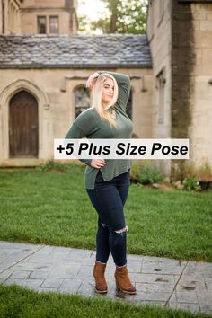 a woman standing in front of a building with the words, 5 plus size pose