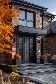 a modern house with black doors and steps leading up to the front door, surrounded by autumn foliage