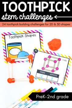 These 24 toothpick STEM challenges help kids develop abstract thinking, design and building skills, 2D and 3D shape recognition, and shape knowledge. They are perfect for PreK-2nd grade! Abstract Thinking, Playdough To Plato, Engineering Activities, 2d And 3d Shapes, Stem Classroom